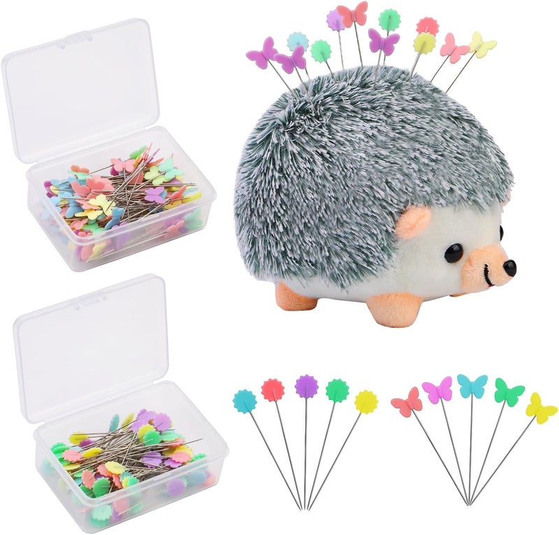 FTEVEN 200 Pieces Flat Head Straight Pins Hedgehog Pincushion Kit, Big Pincushion with Clear Storage Box and Quilting Pins, Colorful Head Straight Sewing Pins for Handicrafts DIY Sewing - Image 1